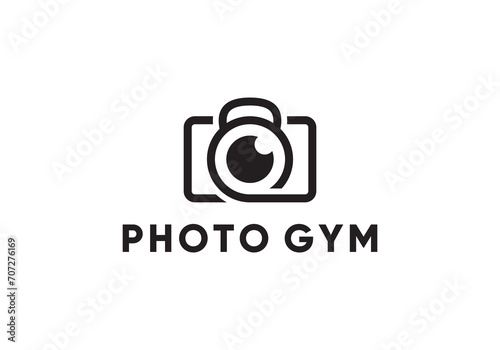 camera photography logo, photo and kettlebell fitness symbol design icon template