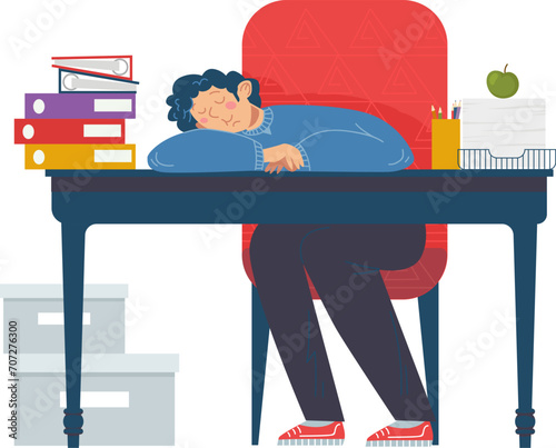 Male sleeping on workplace table, hard work stress mental health condition, man sitting relax job area cartoon vector illustration, isolated on white. Working document and paper locker.