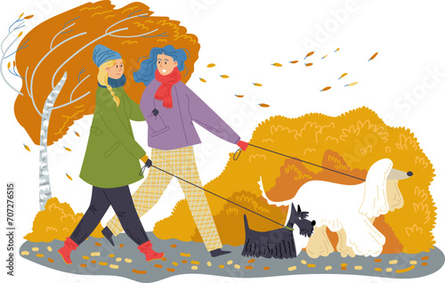 Lovely friend woman couple walking with dog, autumn windy weather outdoor stroll cartoon vector illustration, isolated on white. Cooler meteorological fall period, female character girlfriend.