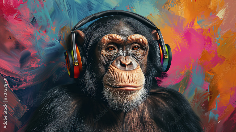 Portrait of a party monkey ape with headphones - obrazy, fototapety, plakaty 