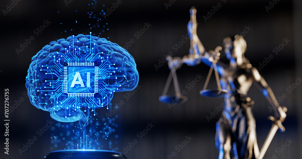 AI Regulation and Justice. Legal and Technology concept. Hologram of the Brain and Statue of Goddess Themis: Symbols of Law, Equality, Legislation and artificial intelligence - obrazy, fototapety, plakaty 