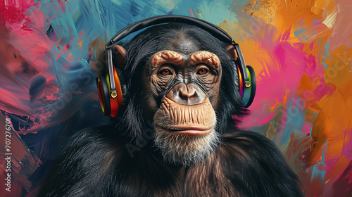 Portrait of a party monkey ape with headphones photo