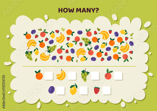 How many game with fruits concept. Puzzle and riddle for kids. Educational materials for children. Banana, peach and lemon, orange. Cartoon flat vector illustration isolated on green background