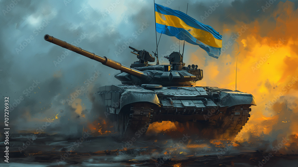 Illustration war tank resisting in the battle with the Ukrainian Flag - obrazy, fototapety, plakaty 