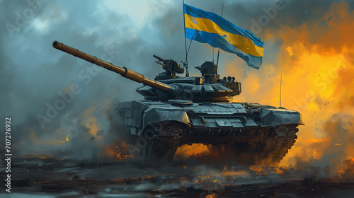 Illustration war tank resisting in the battle with the Ukrainian Flag photo