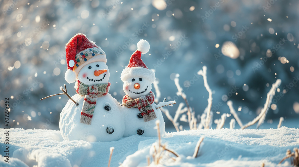 Fototapeta premium Two cheerful snowmen standing in winter. Christmas concept.