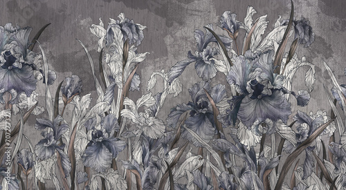 Drawn irises flowers on a textured background with watercolor elements in dark colors, textured photo wallpaper in the interior. © Viktorious_Art