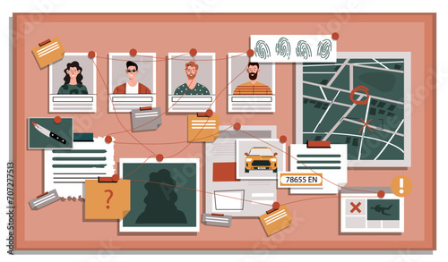 Investigation map concept. Photos of men and women near map of city. Board visual aid for officer and detective, policeman. Cartoon flat vector illustration isolated on pink background