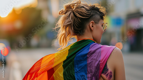 Rear view of woman with a rainbow flag LGBT concept. © Kazmi