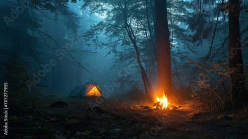 camping in a dark foggy forest. campfire night forest fog. 