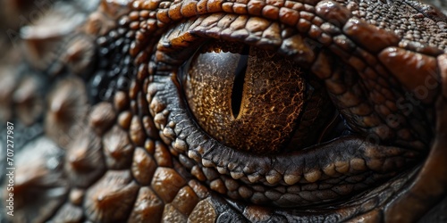 A detailed close-up of a lizard's eye. This image can be used to depict the intricate details of reptiles or to illustrate concepts such as focus, observation, or curiosity © Fotograf