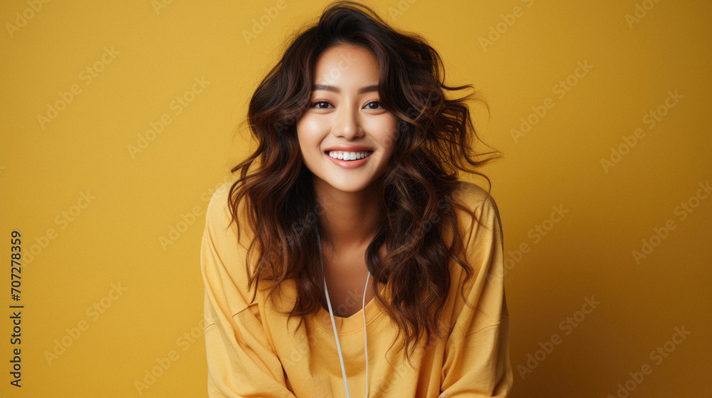 Portrait of a smiling young asian woman over yellow background Portrait of a smiling young asian woman over yellow background