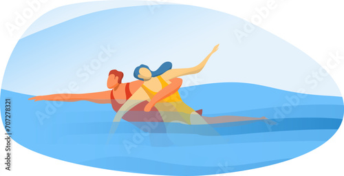 Professional rescue worker save life drowning woman, outdoor sea swimming dangerous accident cartoon vector illustration, isolated on white. Lifeguard character help female on water surface.