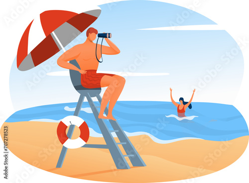 Rescue worker sitting and watch safety sea beach, lifeguard health care drowning incident woman cartoon vector illustration, isolated on white. Salvor character observe on female water surface. photo