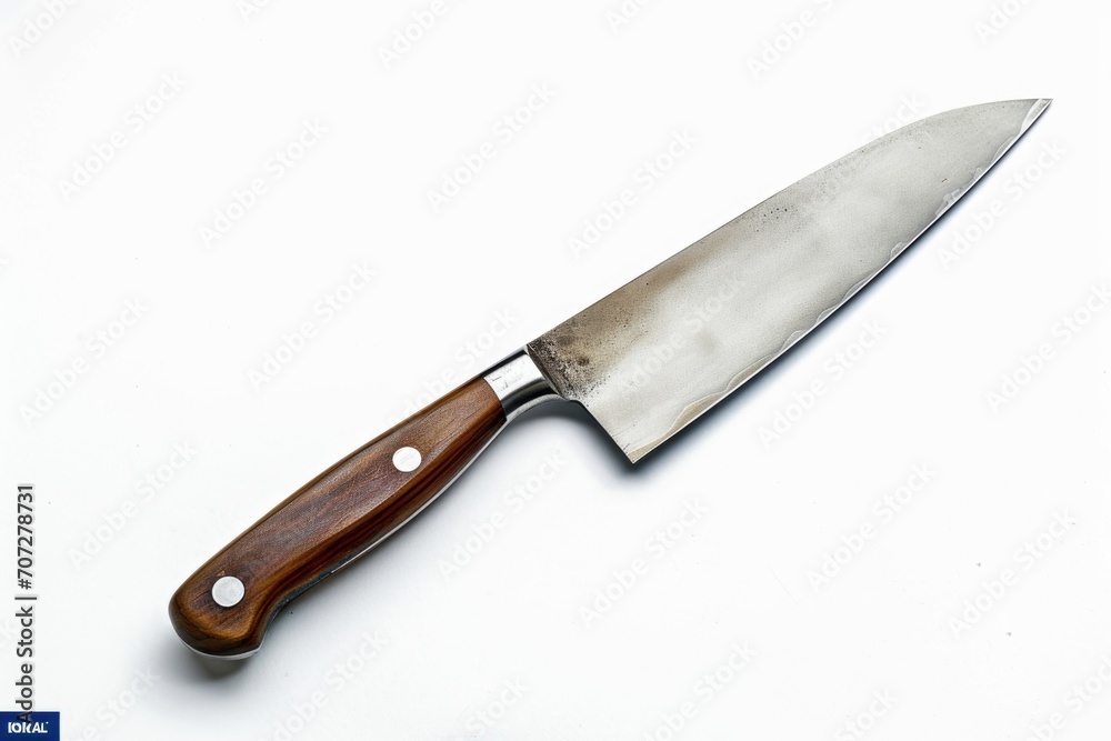 A knife with a wooden handle placed on a clean white surface. Suitable for culinary, kitchen, or cooking themes A knife with a wooden handle placed on a clean white surface. Suitable for culinary, kitchen, or cooking themes