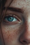 A close-up view of a person's eye with unique freckles. This image can be used to showcase natural beauty or for makeup and skincare advertisements