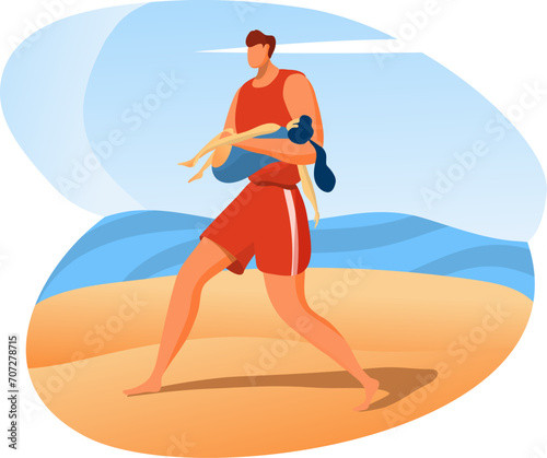 Lifeguard character male carrying young girl, rescue worker help children on seashore beach, cartoon vector illustration, isolated on white. Concept salvor save life person, dangerous accident.