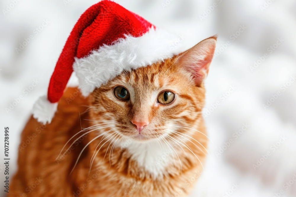 A cute cat wearing a Santa hat sitting on a bed. Perfect for holiday-themed designs and greetings cards A cute cat wearing a Santa hat sitting on a bed. Perfect for holiday-themed designs and greetings cards