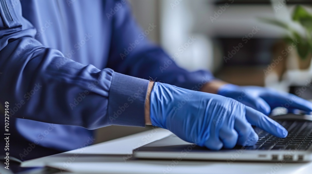 A person wearing blue gloves typing on a laptop. Suitable for technology, work, and cybersecurity concepts A person wearing blue gloves typing on a laptop. Suitable for technology, work, and cybersecurity concepts