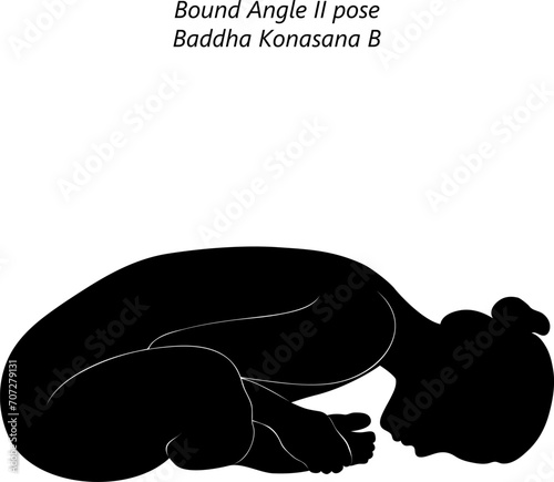 Silhouette of woman doing yoga Baddha Konasana B. Bound Angle 2 pose. Extended Bound Angle pose. Intermediate Difficulty. Isolated vector illustration