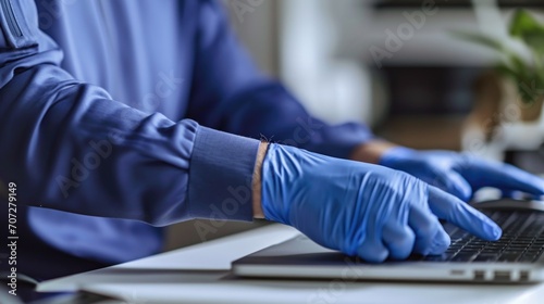 A person wearing blue gloves typing on a laptop. Suitable for technology, work, and cybersecurity concepts