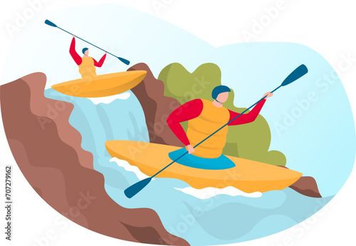 Outdoor rafting on dangerous alpine water, professional male extreme hobby activity cartoon vector illustration, isolated on white. Modern sporting event, concept descent mountain river.