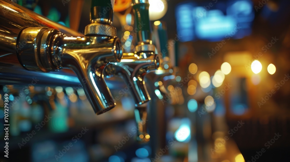 A row of beer taps on a bar counter. Ideal for use in articles or blogs about craft beer, breweries, or nightlife establishments - obrazy, fototapety, plakaty 