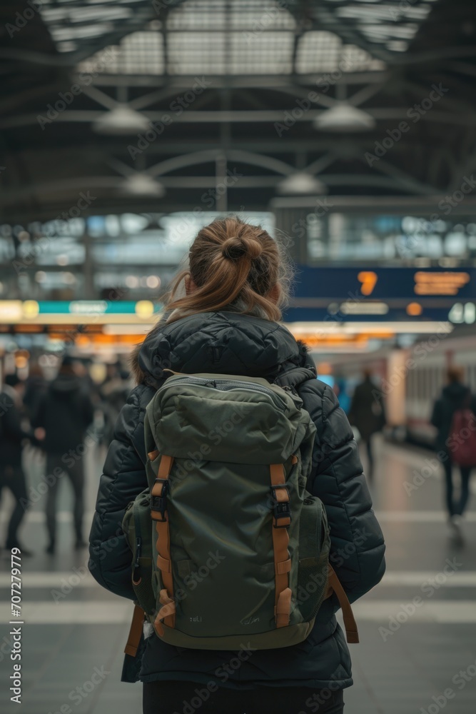 A woman with a backpack standing in a train station. Ideal for travel-related concepts A woman with a backpack standing in a train station. Ideal for travel-related concepts