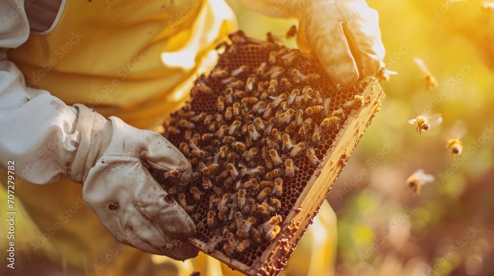 A beekeeper holding a beehive filled with bees. This image can be used
