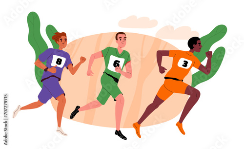 Men runs at competitions concept. Marathon runners and sprinters. Active lifestyle and sports. Cardio training outdoor. Sportsmen at athletics tournament. Cartoon flat vector illustration