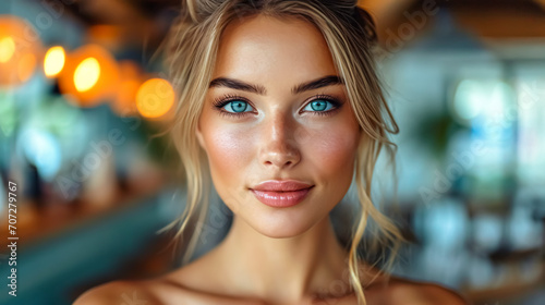 Portrait of a beautiful young woman with blue eyes and perfect skin. 