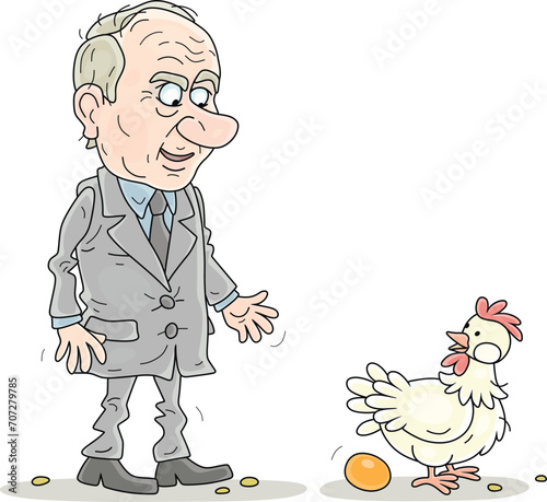 Angry manager of a poultry farm scolding a hen layer for very high cost of fresh eggs for supermarket shoppers, vector cartoon illustration isolated on white