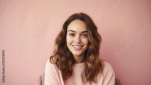 Portrait of a beautiful young woman with curly hair on a pink background