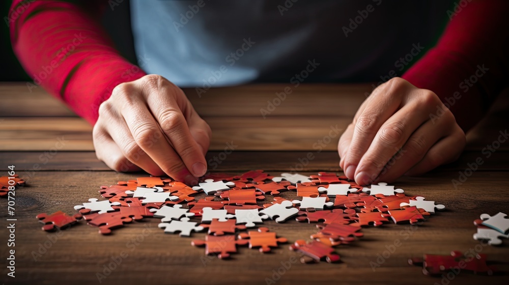 Obraz premium a man or woman's hand folding puzzle pieces, connecting them on a wooden table against a wall background, strategic management and business solutions for success.