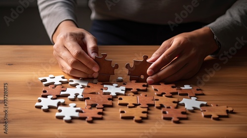 a man or woman's hand folding puzzle pieces, connecting them on a wooden table against a wall background, strategic management and business solutions for success.