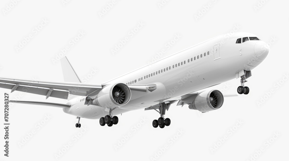 A large jetliner flying through a white sky. Perfect for travel and aviation concepts