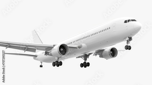 A large jetliner flying through a white sky. Perfect for travel and aviation concepts