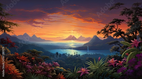 a sunrise in the jungle, a composition that highlights the vibrant colors, lush foliage, and tranquil atmosphere of this natural spectacle.