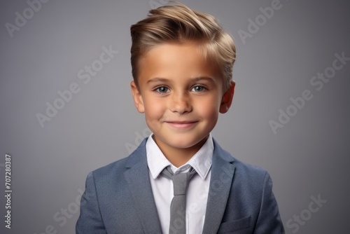 Portrait of a cute little boy in a business suit over grey background