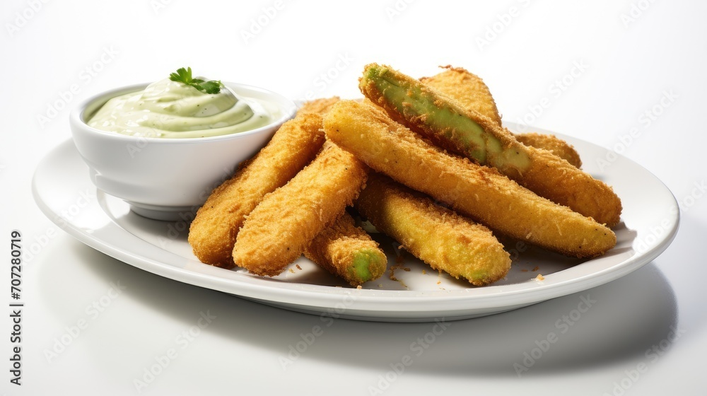 Avocado Fries with Chipotle Dipping Sauce, isolated on a white background, emphasizing the appetizing details, for a visually appealing culinary presentation. Avocado Fries with Chipotle Dipping Sauce, isolated on a white background, emphasizing the appetizing details, for a visually appealing culinary presentation.
