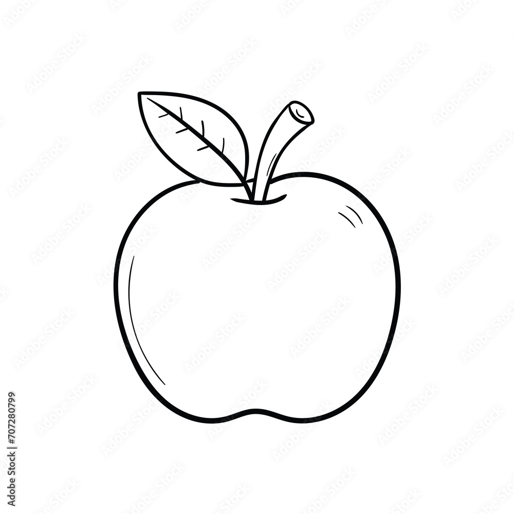 Hand drawn doodle apple with leaf on white background.
