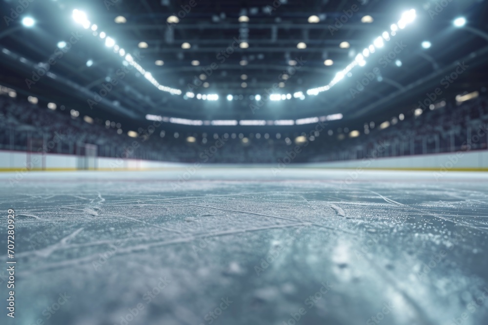 Fototapeta premium An ice hockey rink with lights in the background. Suitable for sports-related designs and publications
