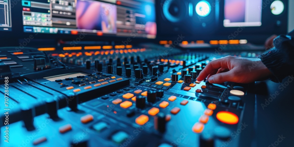 Naklejka premium A person operating a sound board. Suitable for music production or live sound engineering