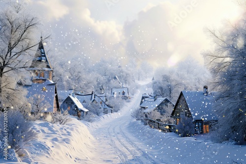 A picturesque snowy street with houses and trees in the background. Perfect for winter-themed projects and holiday designs