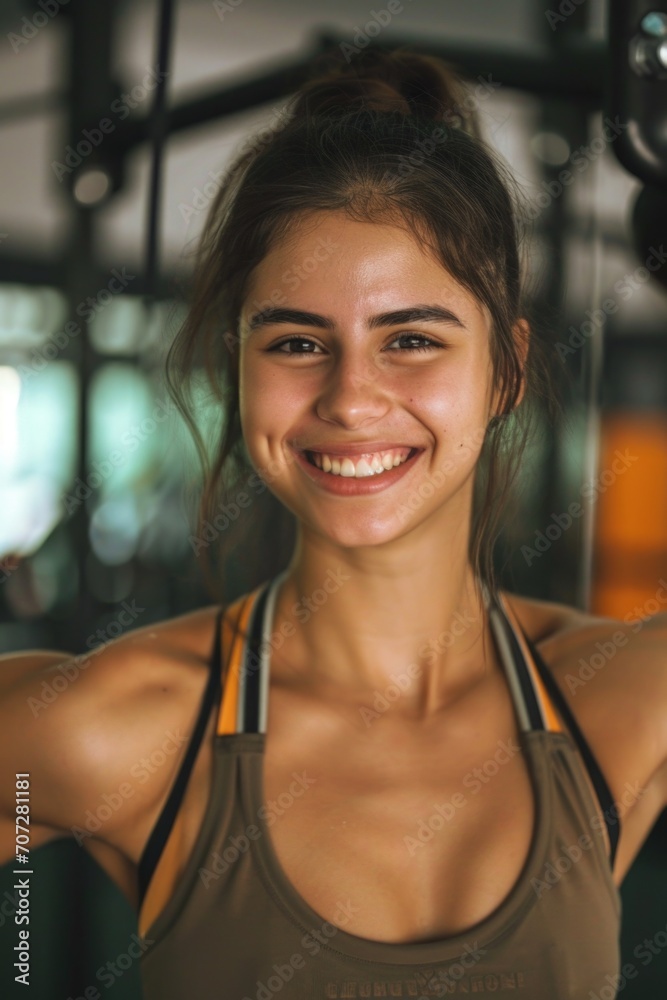 A woman is smiling while holding a bar. This image can be used to represent happiness, fitness, or healthy lifestyle concepts A woman is smiling while holding a bar. This image can be used to represent happiness, fitness, or healthy lifestyle concepts