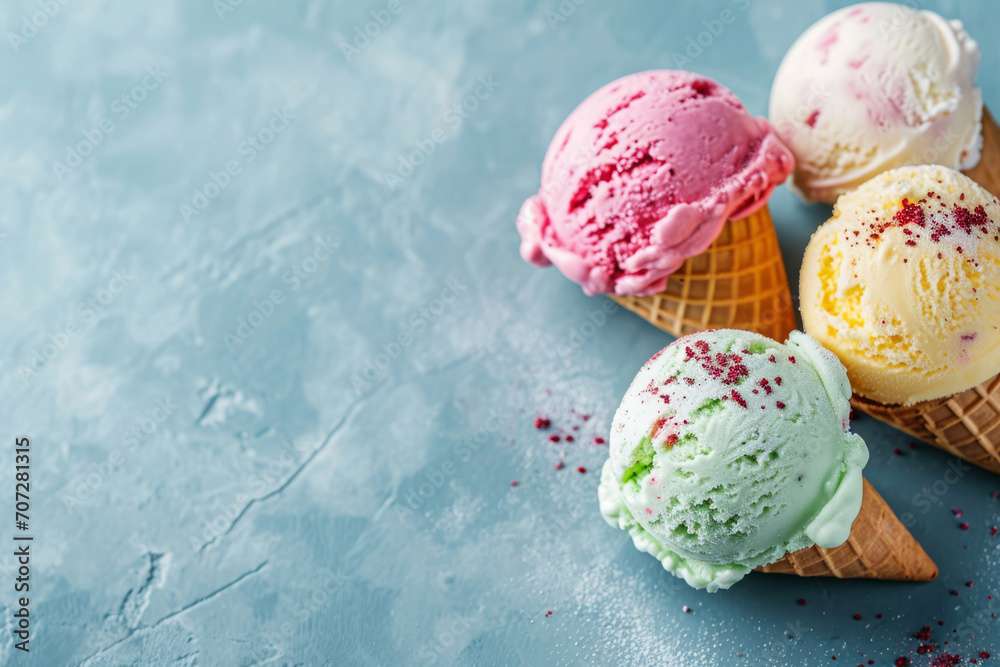 Vegan ice cream on pastel colored background. Ice cream cones in various flavors, close up Vegan ice cream on pastel colored background. Ice cream cones in various flavors, close up