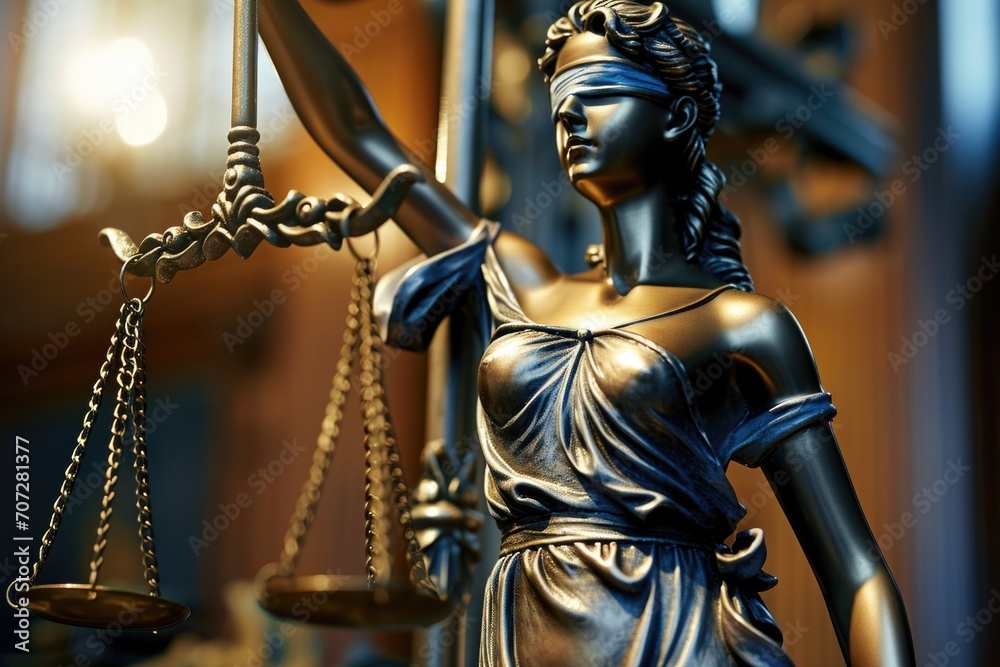 Lady Justice statue holding a sword. Suitable for legal, justice, and law-related concepts. Can be used to depict fairness, balance, and impartiality
