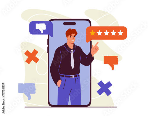 Negative campaigning concept. Man at smartphone screen. Politician with promotion on internet. Negative feedback and emotions of clients. Unsatisfied customer. Cartoon flat vector illustration