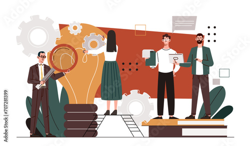 People with new ideas. Men and woman with light bulb. Colleagues and partners work at common business project and start up. Financial occupation employees. Cartoon flat vector illustration