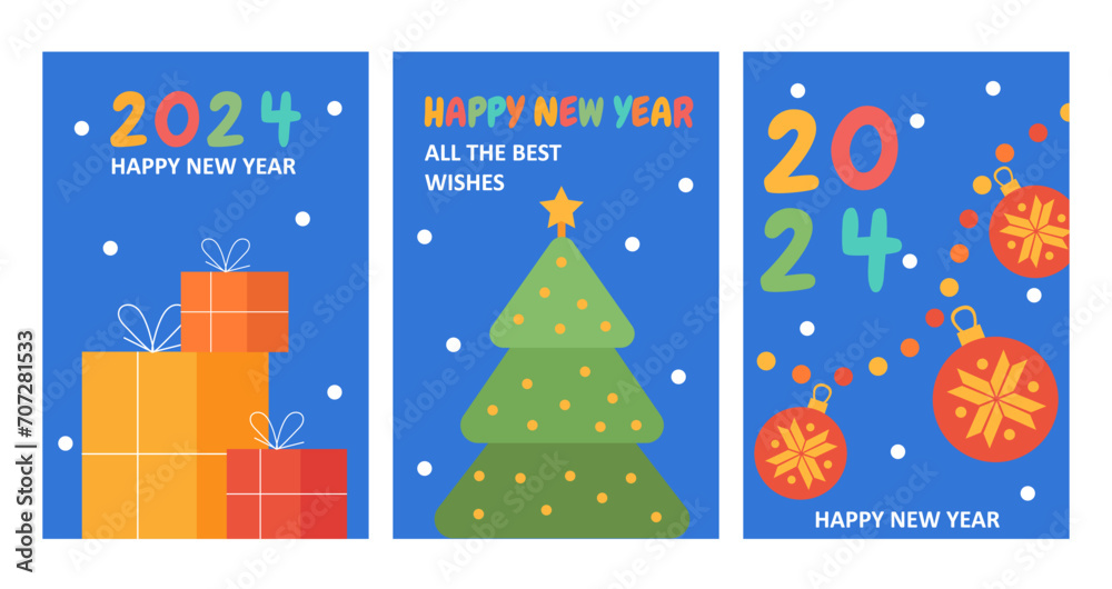New Year 2024 posters set. Christmas tree and colorful gift boxes. Garland with red balls. Noel Eve and winter holidays. Cartoon flat vector collection isolated on white background